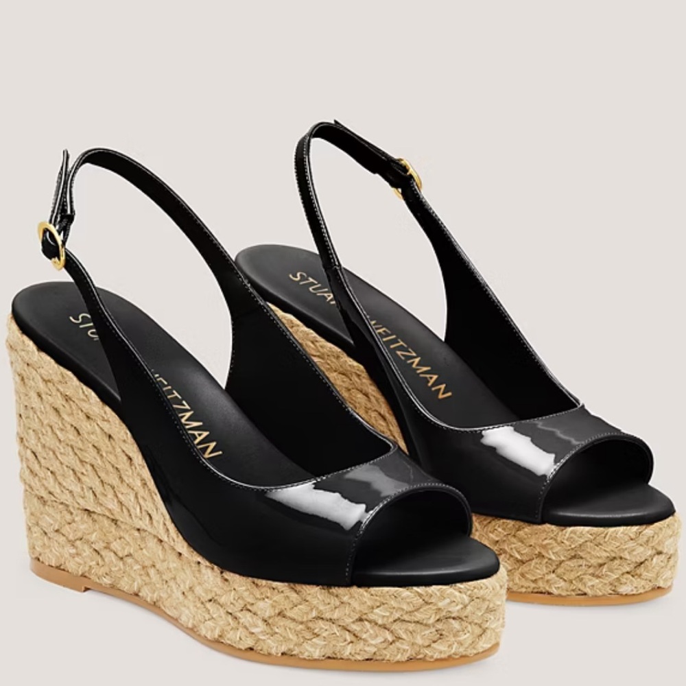 NEW Stuart Weitzman Island Peep toe Espadrille Black Wedge - Sz 10